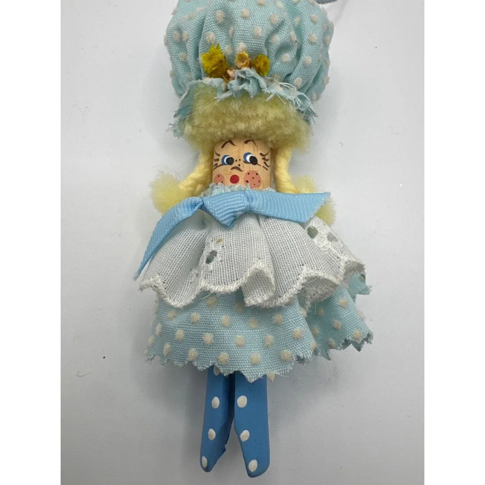 Vintage Handmade Clothespin Doll Ornament Blue Polka Dot Folk Art 4.5
